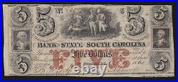 US $5 1860 Bank of the State of South Carolina Obsolete Currency Note VF (830)