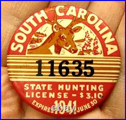 VTG 1941 SOUTH CAROLINA Deer STATE Hunting License Badge Button Pin Cruver Mfg