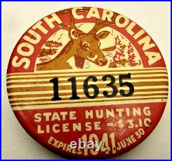 VTG 1941 SOUTH CAROLINA Deer STATE Hunting License Badge Button Pin Cruver Mfg